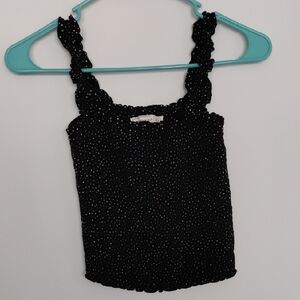 Abercrombie & Fitch Smocked Black W/Silver Polka Dot Ruffled Strap Crop Tank  XS